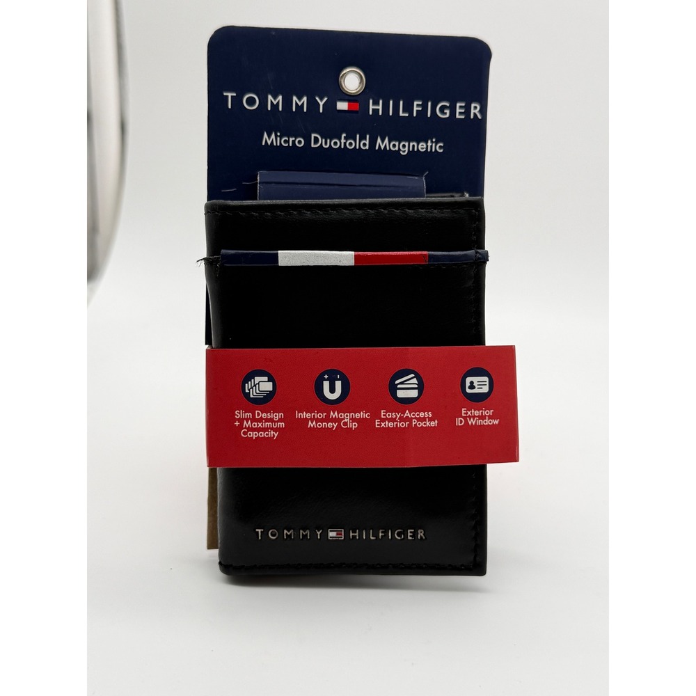 Tommy Hilfiger‎ Mens Micro Duofold Magnetic Wallet Black Leather RFID Slim New